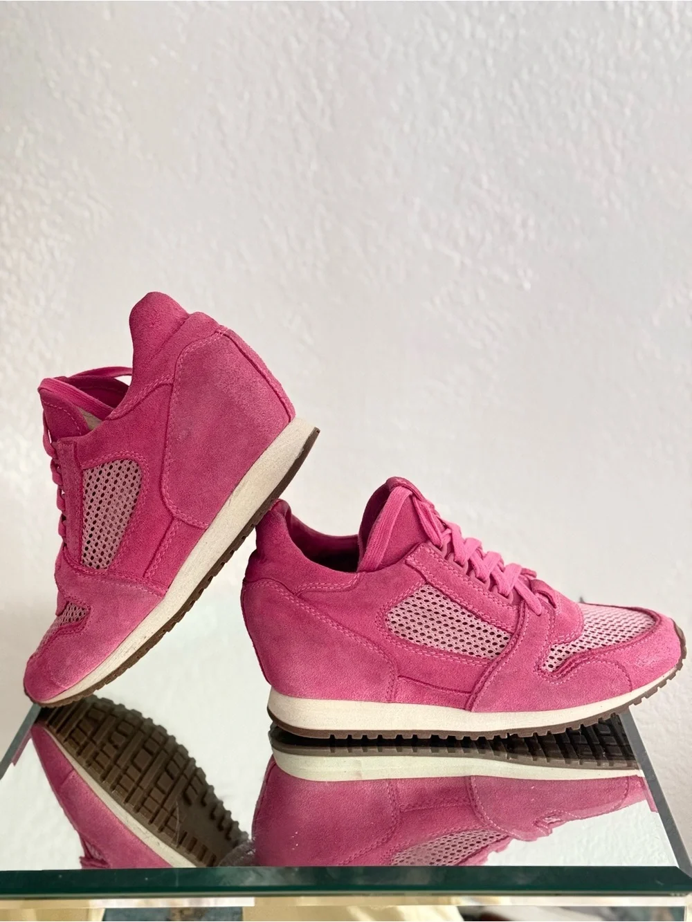 VINTAGE ASH Dean Pink Suede Leather Mesh Platform Wedge Sneakers Sz38 Barbiecore